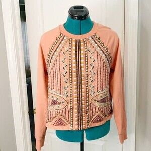 Akemi & Kin Peach Embroidered Beaded Bohemian Beaded Crew Neck Long Sleeve Shirt